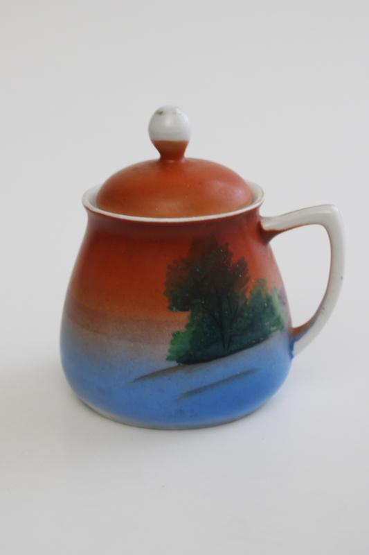 photo of tiny mustard pot jar w/ lid, tree on lake hand painted vintage Meito china Japan #1