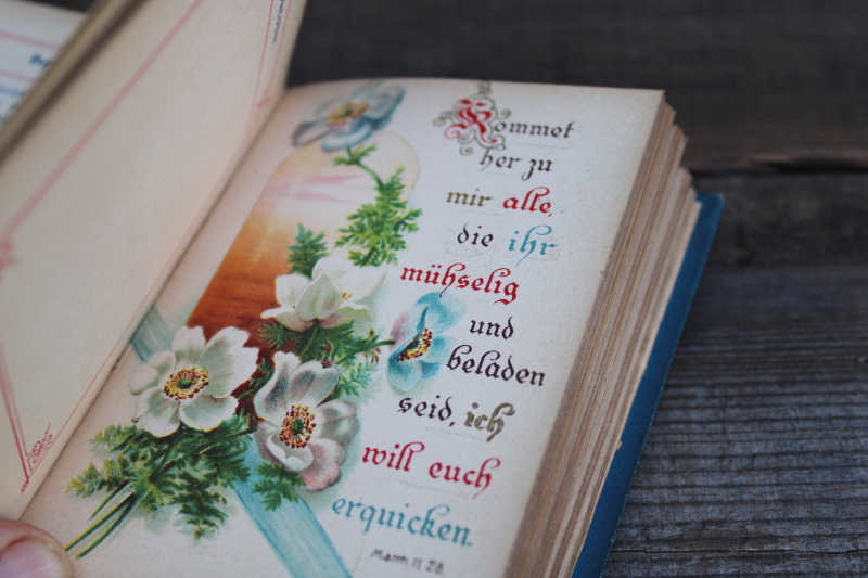 photo of tiny old antique book German language Christian Book of Days beautiful litho prints, blue cover  #2