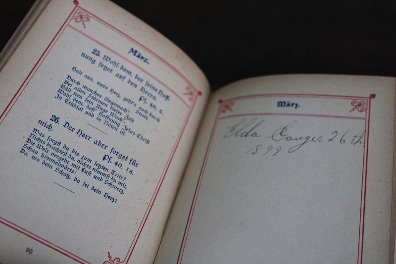photo of tiny old antique book German language Christian Book of Days beautiful litho prints, blue cover  #11