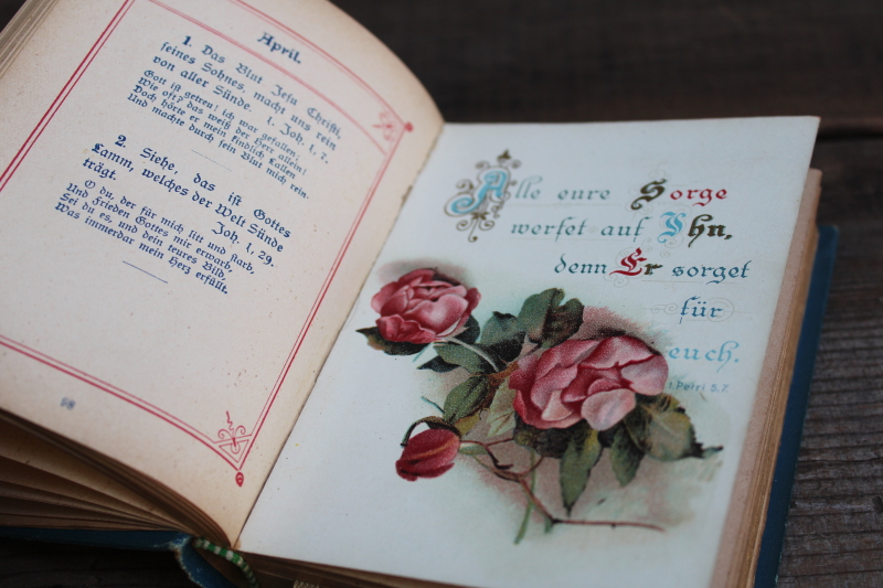 photo of tiny old antique book German language Christian Book of Days beautiful litho prints, blue cover  #12