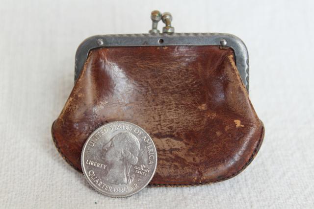 photo of tiny old antique leather coin purse, doll's size bag w/ metal jaw clasp top #2