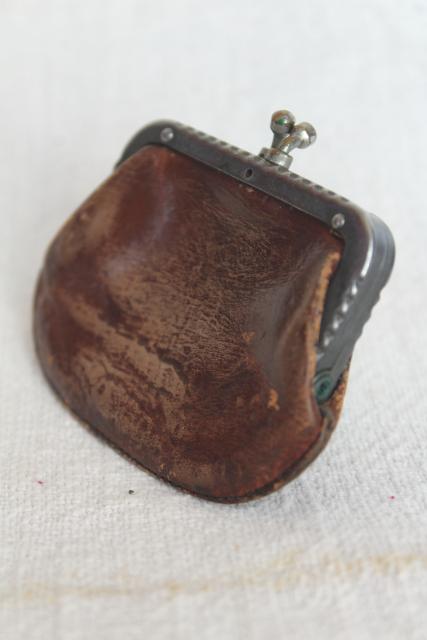 photo of tiny old antique leather coin purse, doll's size bag w/ metal jaw clasp top #3