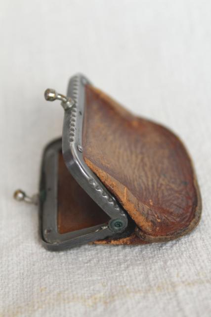 photo of tiny old antique leather coin purse, doll's size bag w/ metal jaw clasp top #6