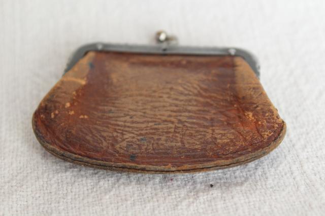 photo of tiny old antique leather coin purse, doll's size bag w/ metal jaw clasp top #7