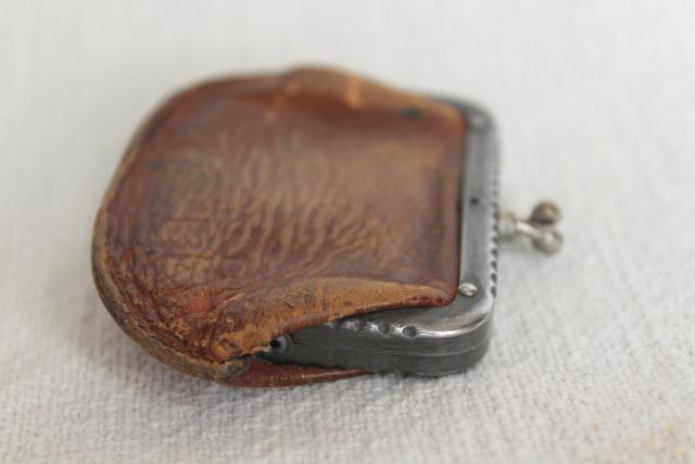 photo of tiny old antique leather coin purse, doll's size bag w/ metal jaw clasp top #8