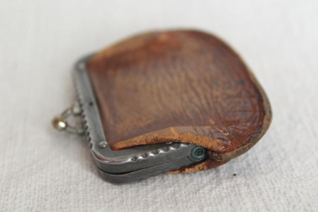 photo of tiny old antique leather coin purse, doll's size bag w/ metal jaw clasp top #10