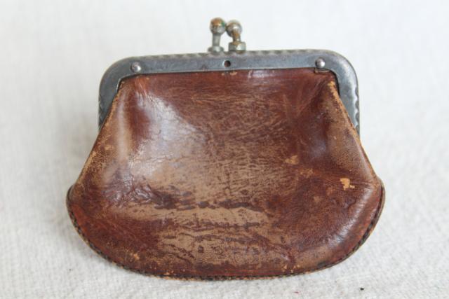 photo of tiny old antique leather coin purse, doll's size bag w/ metal jaw clasp top #11