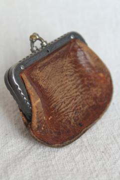 catalog photo of tiny old antique leather coin purse, doll's size bag w/ metal jaw clasp top