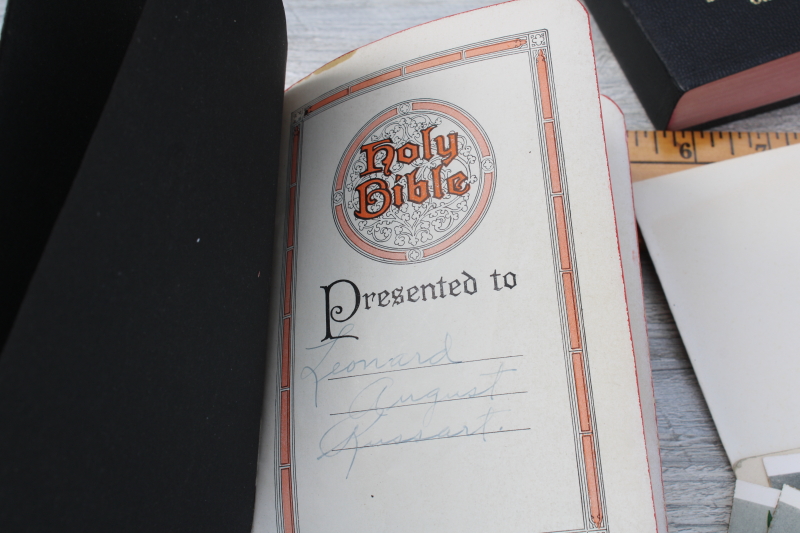 photo of tiny old black leather bibles, lot of two vintage books w/ ephemera #4