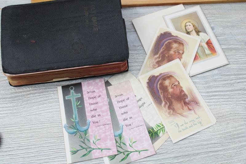 photo of tiny old black leather bibles, lot of two vintage books w/ ephemera #5