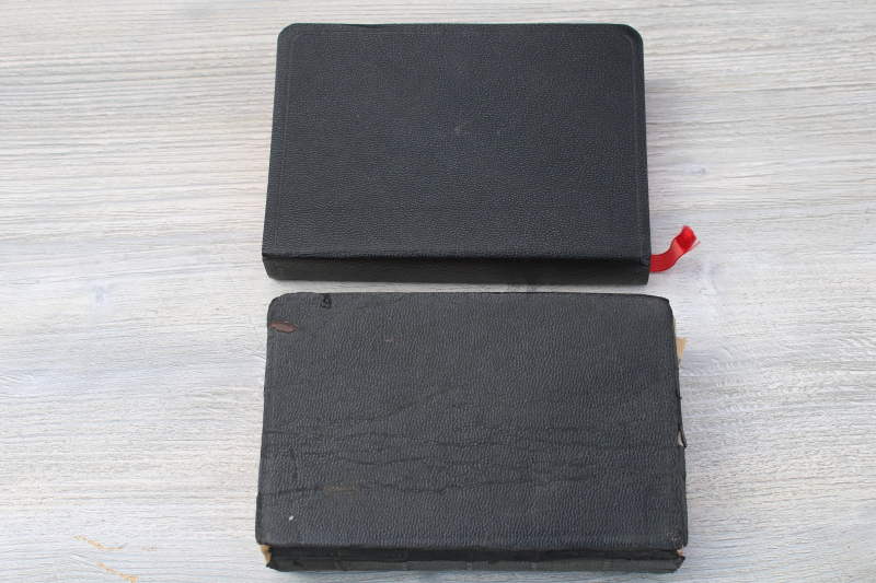 photo of tiny old black leather bibles, lot of two vintage books w/ ephemera #9