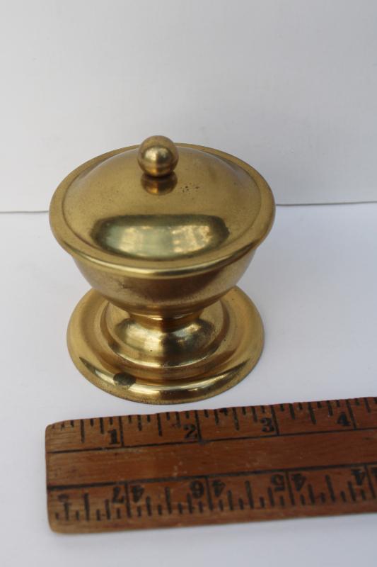 photo of tiny old brass bowl w/ lid, vintage snuff box or sand pot for writing desk? #1