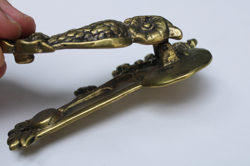 photo of tiny old brass owl door knocker, vintage hardware or desk paper holder paperweight #2