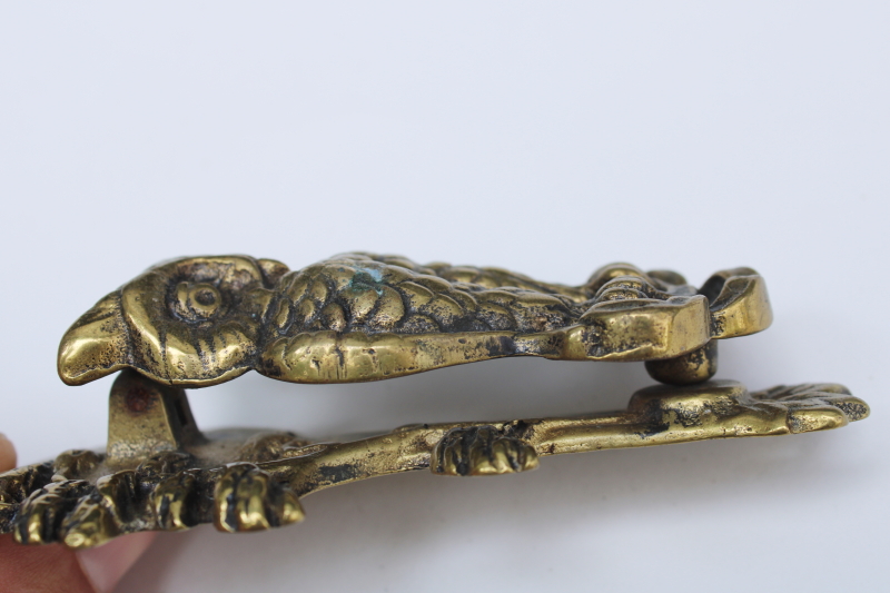 photo of tiny old brass owl door knocker, vintage hardware or desk paper holder paperweight #3