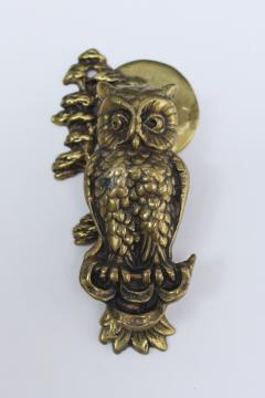 tiny old brass owl door knocker, vintage hardware or desk paper holder paperweight 