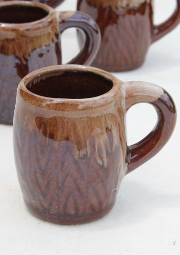 photo of tiny old brown drip glaze pottery beer steins, vintage shot glasses set #2