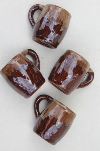 photo of tiny old brown drip glaze pottery beer steins, vintage shot glasses set #5