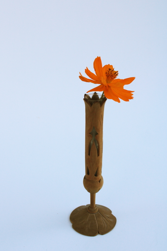 photo of tiny old carved wood bud vase w/ glass vial to hold wildflowers or a single bloom #1