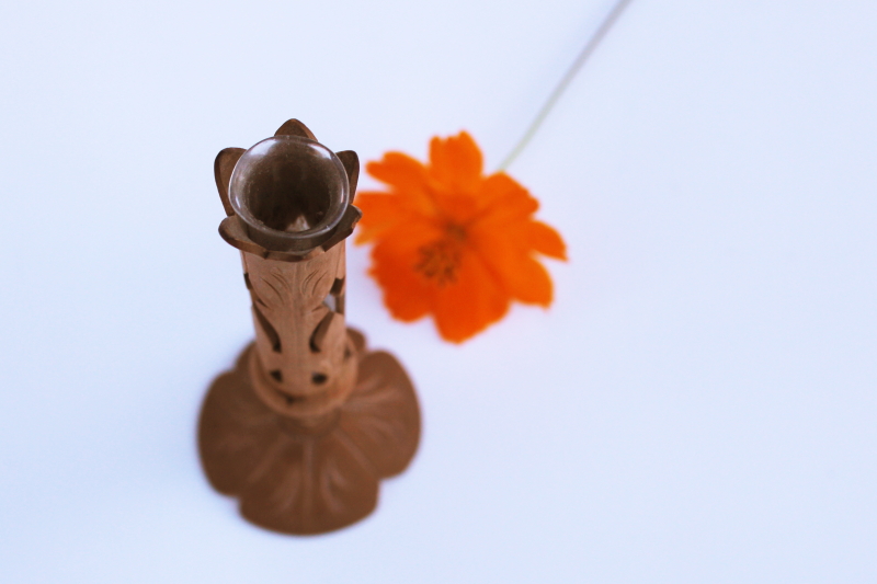 photo of tiny old carved wood bud vase w/ glass vial to hold wildflowers or a single bloom #4