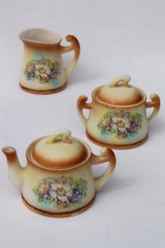 catalog photo of tiny old cottage style tea pot set, vintage Czechoslovakia china teapot, cream & sugar