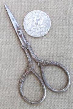 catalog photo of tiny old embroidery scissors, antique vintage chatelaine scissors for sewing basket