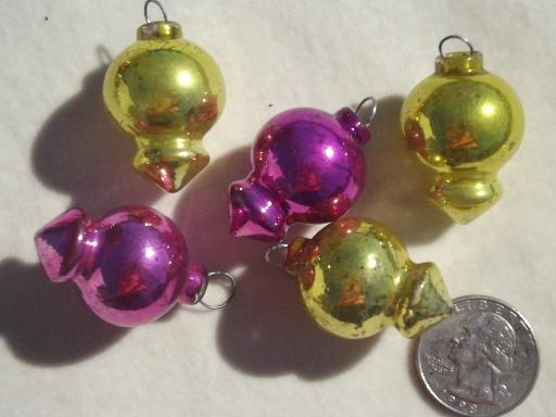 photo of tiny old mercury glass Christmas balls, antique feather tree ornaments #3