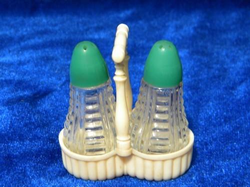 photo of tiny old pressed pattern glass salt & pepper shakers, celluloid plastic rack #1