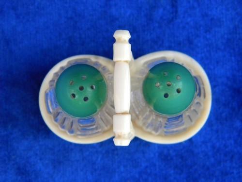 photo of tiny old pressed pattern glass salt & pepper shakers, celluloid plastic rack #3