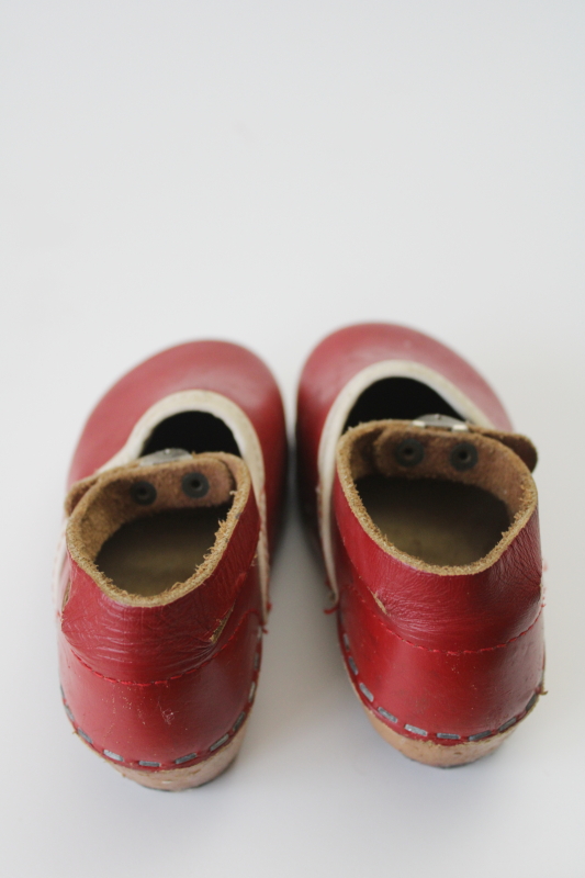 photo of tiny old red leather clogs w/ ankle straps, Scandinavian wood clogs baby child's size  #3