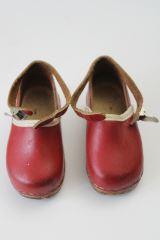 photo of tiny old red leather clogs w/ ankle straps, Scandinavian wood clogs baby child's size  #4