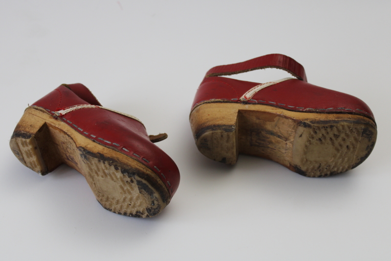 photo of tiny old red leather clogs w/ ankle straps, Scandinavian wood clogs baby child's size  #5