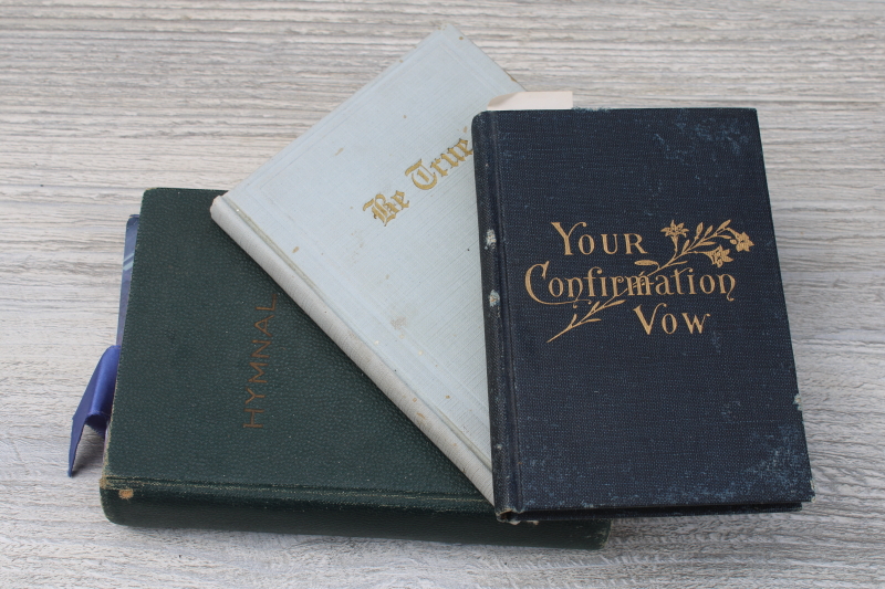 photo of tiny old religious books stack blue & green covers Your Confirmation Vow, Be True, Hymnal  #1
