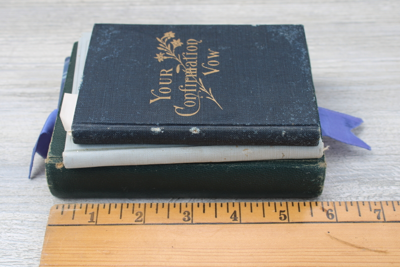 photo of tiny old religious books stack blue & green covers Your Confirmation Vow, Be True, Hymnal  #4