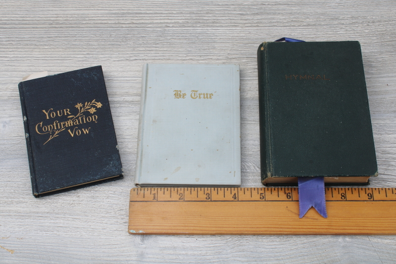 photo of tiny old religious books stack blue & green covers Your Confirmation Vow, Be True, Hymnal  #7