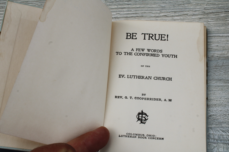 photo of tiny old religious books stack blue & green covers Your Confirmation Vow, Be True, Hymnal  #8