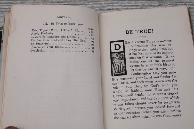 photo of tiny old religious books stack blue & green covers Your Confirmation Vow, Be True, Hymnal  #9