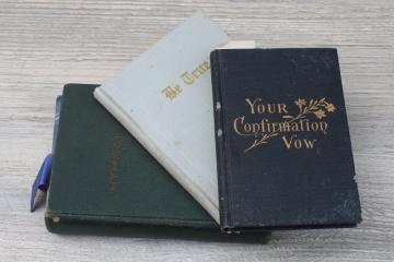 catalog photo of tiny old religious books stack blue & green covers Your Confirmation Vow, Be True, Hymnal 