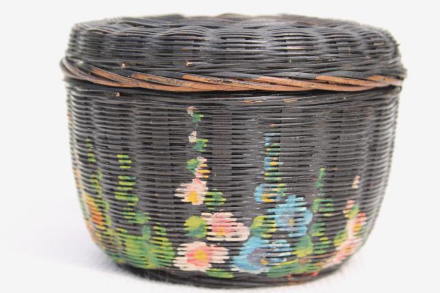 photo of tiny old round wicker sewing basket w/ hand painted hollyhocks flowers #1