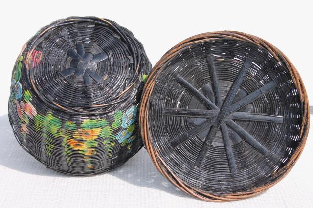 photo of tiny old round wicker sewing basket w/ hand painted hollyhocks flowers #5