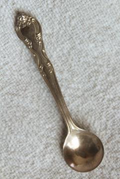 catalog photo of tiny old sterling silver salt spoon, vintage straight pin back brooch