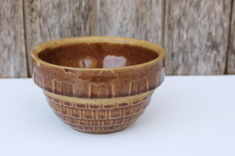 photo of tiny old stoneware pottery mixing bowl, 5 inch brown glaze bowl nesting set baby #1