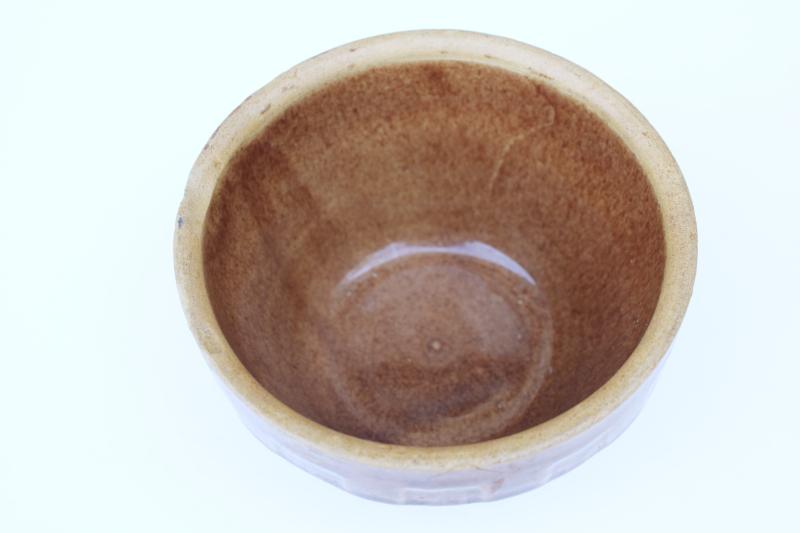 photo of tiny old stoneware pottery mixing bowl, 5 inch brown glaze bowl nesting set baby #2