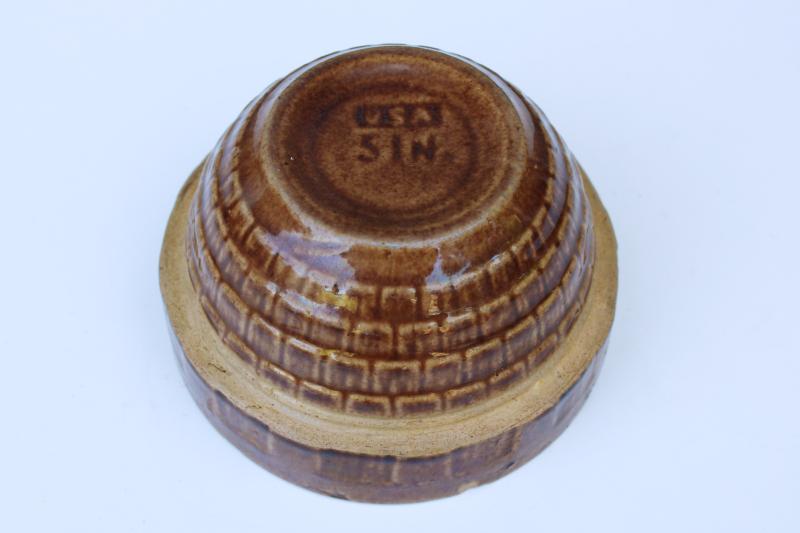 photo of tiny old stoneware pottery mixing bowl, 5 inch brown glaze bowl nesting set baby #3