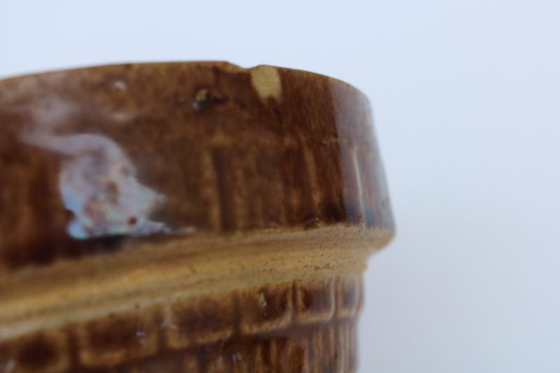 photo of tiny old stoneware pottery mixing bowl, 5 inch brown glaze bowl nesting set baby #4