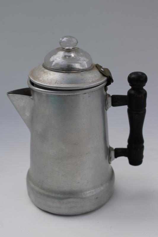 photo of tiny old stovetop coffee pot, working percolator complete w/ basket & rod #7