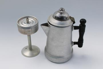 catalog photo of tiny old stovetop coffee pot, working percolator complete w/ basket & rod