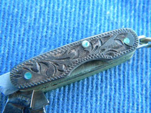 photo of tiny old tooled sterling silver pocket knife w/western leather case #3