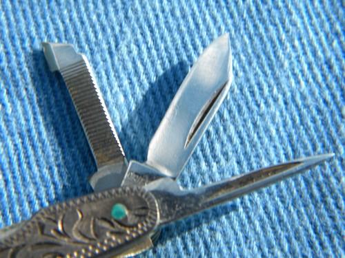 photo of tiny old tooled sterling silver pocket knife w/western leather case #4