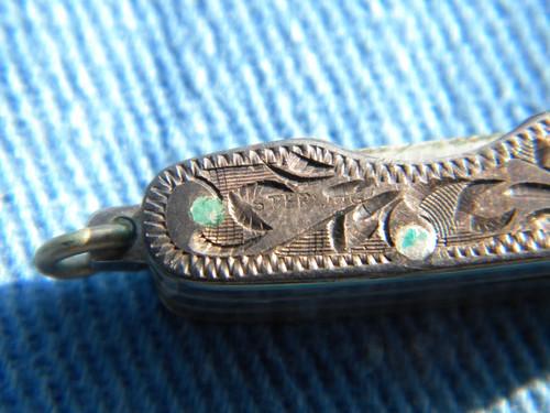 photo of tiny old tooled sterling silver pocket knife w/western leather case #5