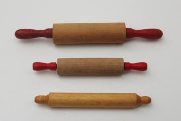 tiny old wood rolling pins, vintage working toy kitchenware child's size doll kitchen tools 